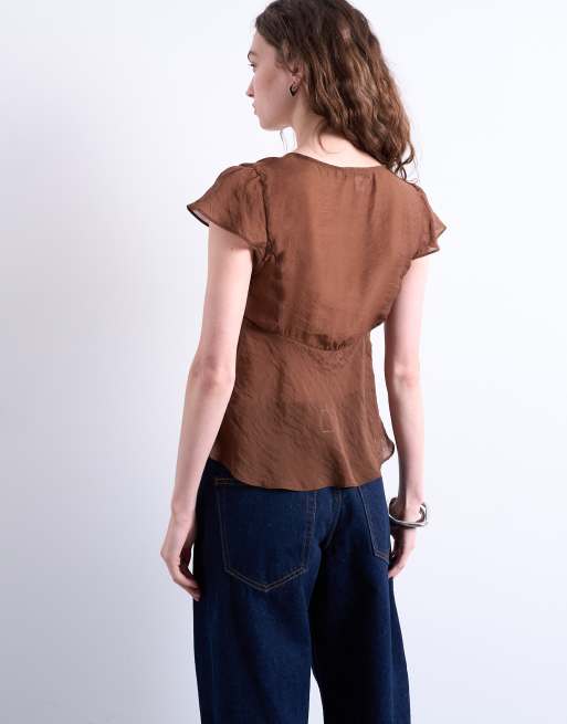 Topshop tie front top in brown, 3 of 4
