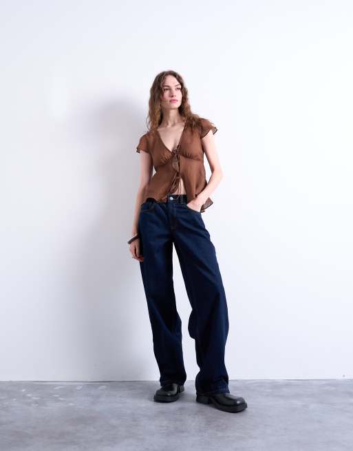 Topshop tie front top in brown, 4 of 4