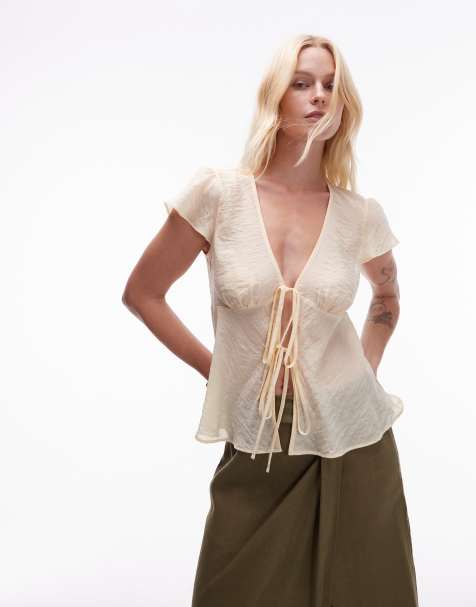 Topshop tie front top in buttermilk - view 1