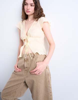 Topshop Tie Front Top In Yellow