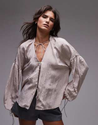 [Topshop] Topshop tie front top in mushroom-Neutral 4 Mushroom