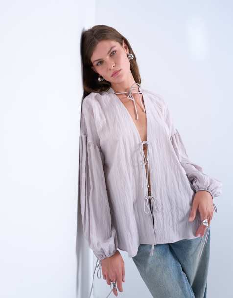 Topshop tie front top in mushroom - view 1