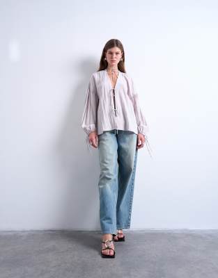 Topshop Tie Front Top In Brown