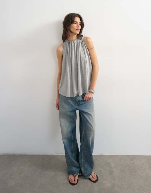 Topshop tie neck detail tank top in gray heather, 2 of 4