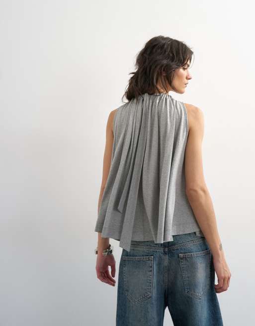Topshop tie neck detail tank top in gray heather, 4 of 4