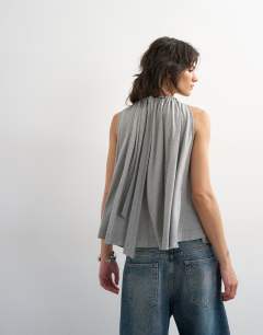 Model wearing Tie neck detail tank top in grey marl