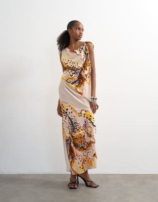 Topshop Tie Neck Drape Maxi Dress In Multi