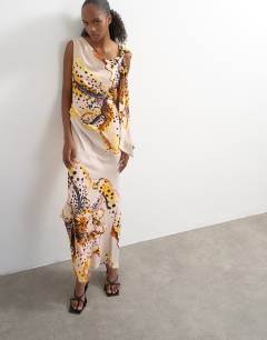 Model wearing Tie neck drape maxi dress in orchid print