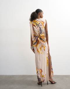 Model wearing Tie neck drape maxi dress in orchid print