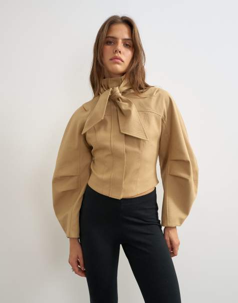 Topshop tie neck fitted ovoid sleeve jacket in beige - view 1
