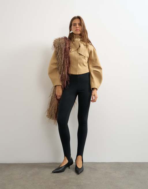 Topshop tie neck fitted ovoid sleeve jacket in beige, 2 of 4