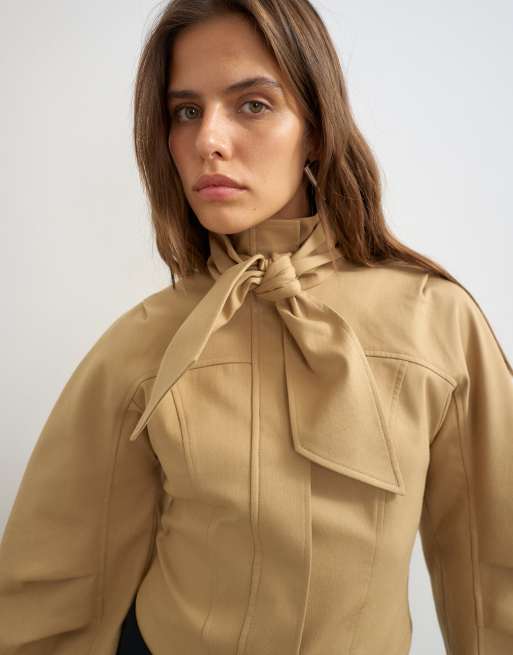 Topshop tie neck fitted ovoid sleeve jacket in beige, 3 of 4