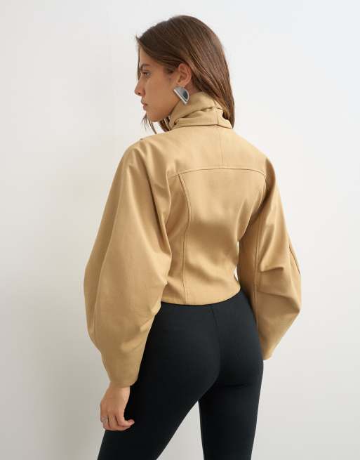 Topshop tie neck fitted ovoid sleeve jacket in beige, 4 of 4