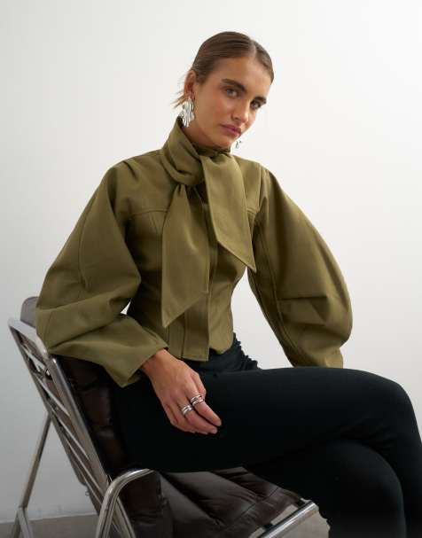 Topshop tie neck fitted ovoid sleeve jacket in khaki - view 1