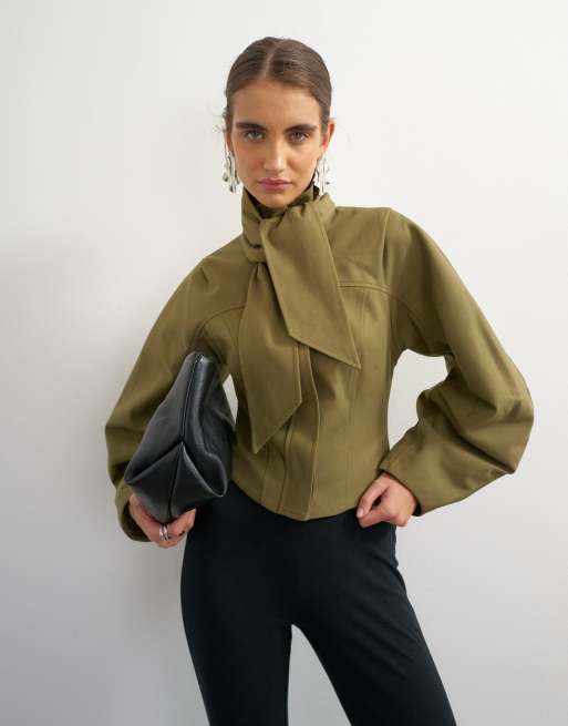 Topshop tie neck fitted ovoid sleeve jacket in khaki, 2 of 4