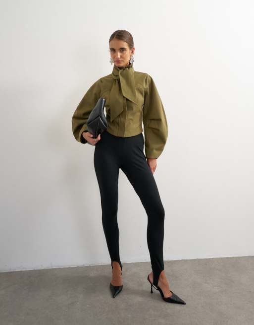Topshop tie neck fitted ovoid sleeve jacket in khaki, 3 of 4