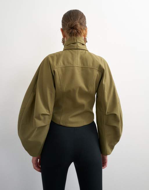 Topshop tie neck fitted ovoid sleeve jacket in khaki, 4 of 4