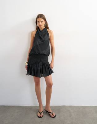 Topshop Tie Neck Halter Flippy Mini Dress With Embroidered Detail In Black