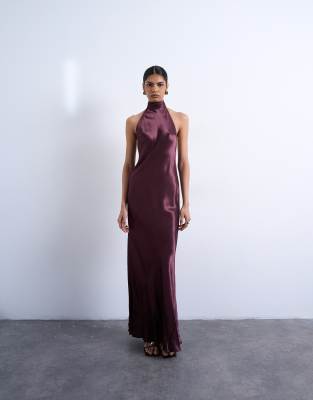 Topshop Tie Neck Halter Maxi Dress In Burgundy