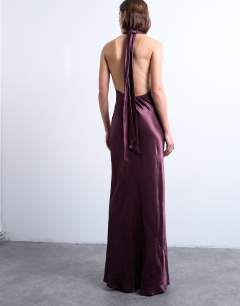 Model wearing Tie neck halter maxi dress in port royal 