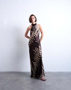 Tie neck halter maxi dress in zebra print