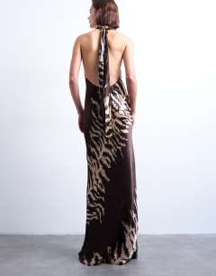 Model wearing Tie neck halter maxi dress in zebra print