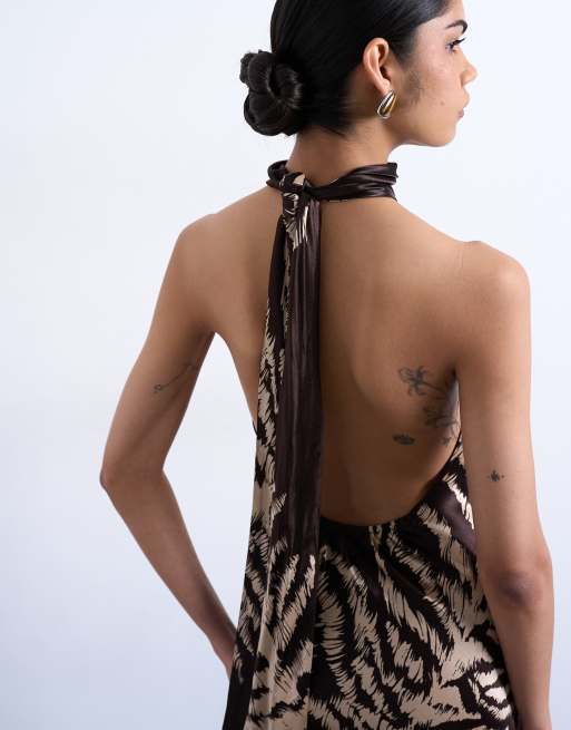 Topshop tie neck halter maxi dress in zebra print, 3 of 4