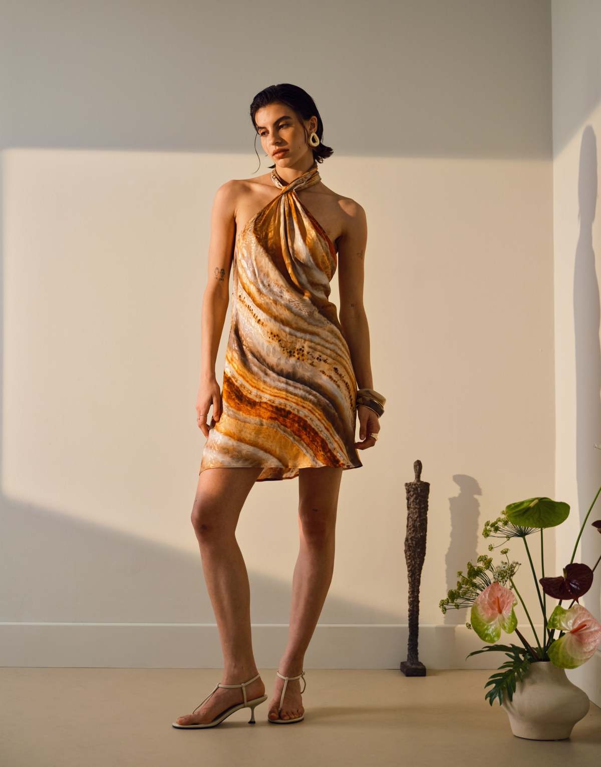Topshop tie neck halter mini dress satin jaqcaurd in blurred mineral print