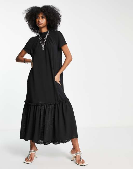 Topshop tie neck maxi dress with peplum hem in black | ASOS