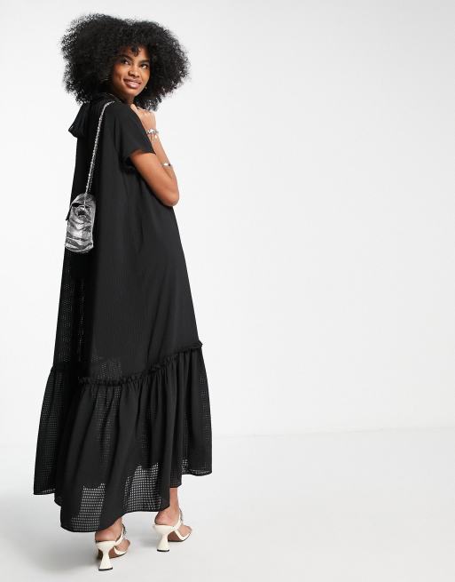 Topshop tie neck maxi dress with peplum hem in black, 2 of 4