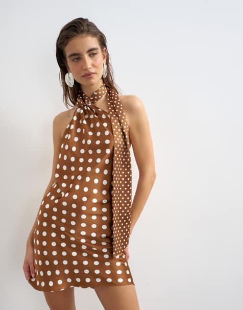 Topshop tie neck satin mini dress in brown polka dots - view 1