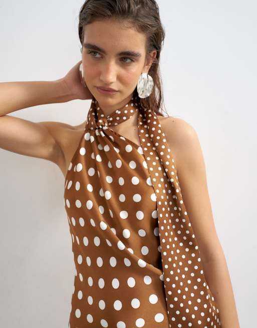 Topshop tie neck satin mini dress in brown polka dots, 3 of 4
