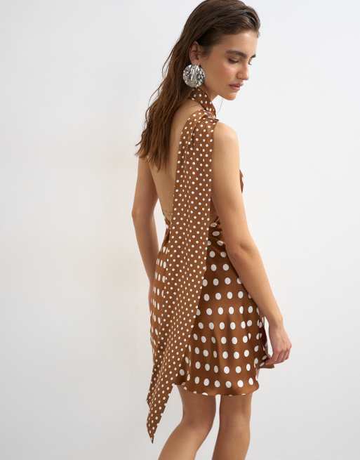 Topshop tie neck satin mini dress in brown polka dots, 4 of 4