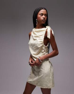 Topshop Tie Shoulder Jacquard Mini Dress In Buttermilk-white