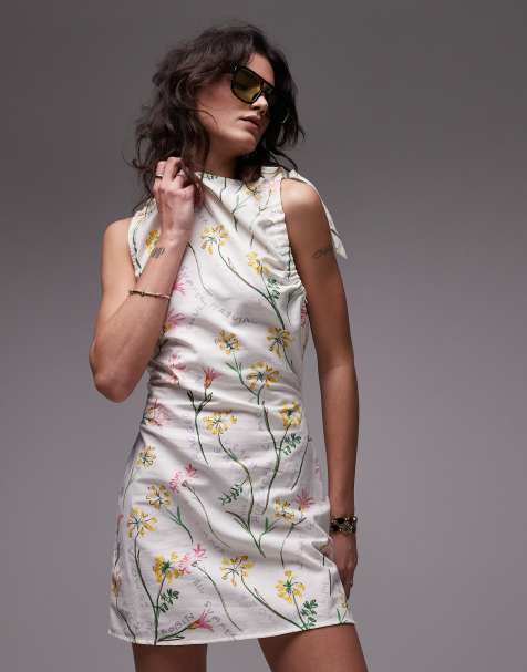 Topshop tie shoulder linen mini dress in flower head print - view 1