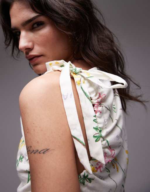 Topshop tie shoulder linen mini dress in flower head print, 3 of 4
