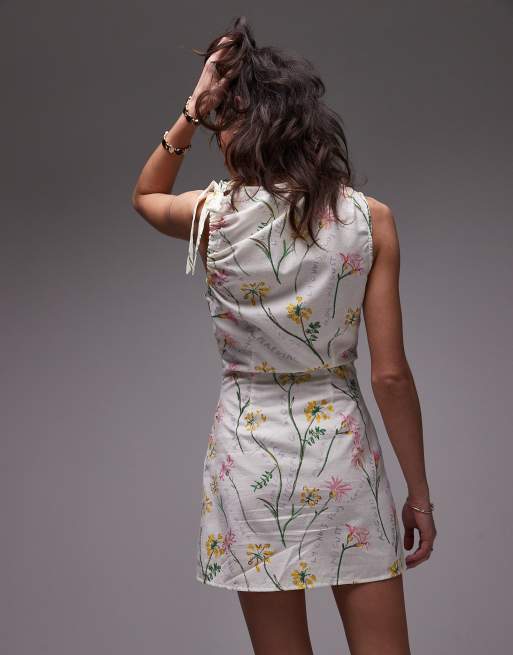 Topshop tie shoulder linen mini dress in flower head print-Multi