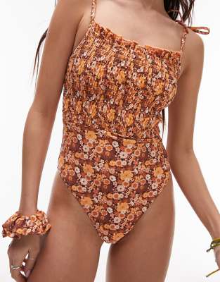 Topshop Tie-shoulder Shirred Swimsuit In Brown Ditsy Floral With Matching Scrunchie-multi