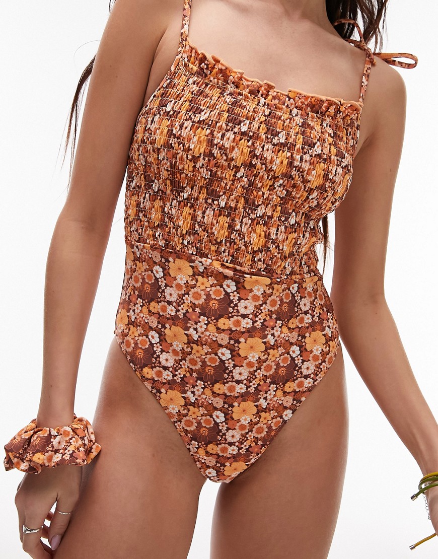 Topshop tie-shoulder shirred swimsuit in brown ditsy floral with matching scrunchie-Multi