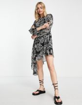 Object long sleeve wrap front mini dress in black ditsy floral | ASOS