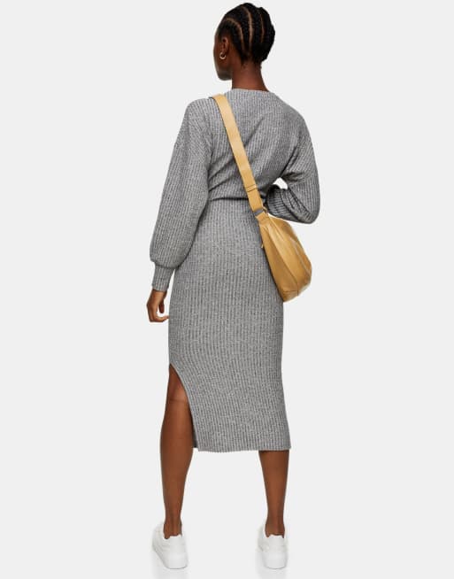 Topshop tie side fluffy rib midi dress in grey | ASOS
