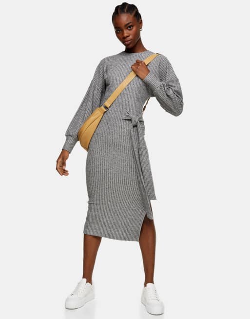 Topshop tie side fluffy rib midi dress in grey | ASOS