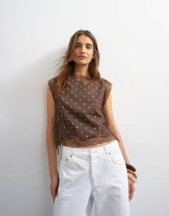 Tie side lace detail top in chocolate spot