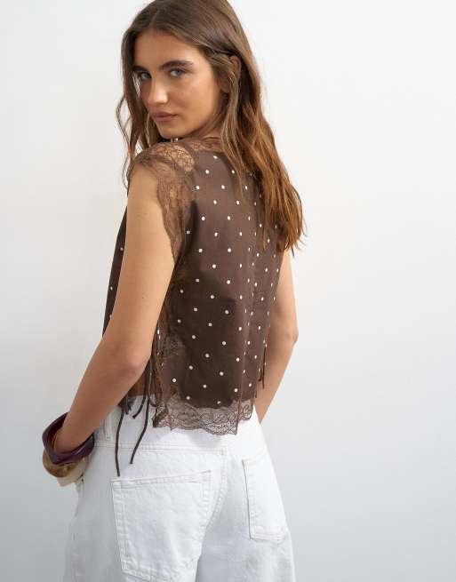 Topshop tie side lace detail top in chocolate spot, 2 of 4