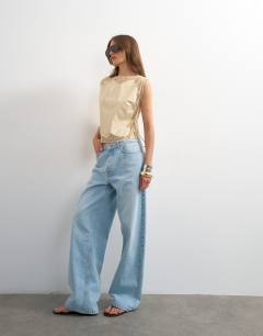 Model wearing Tie side lace detail top in ecru