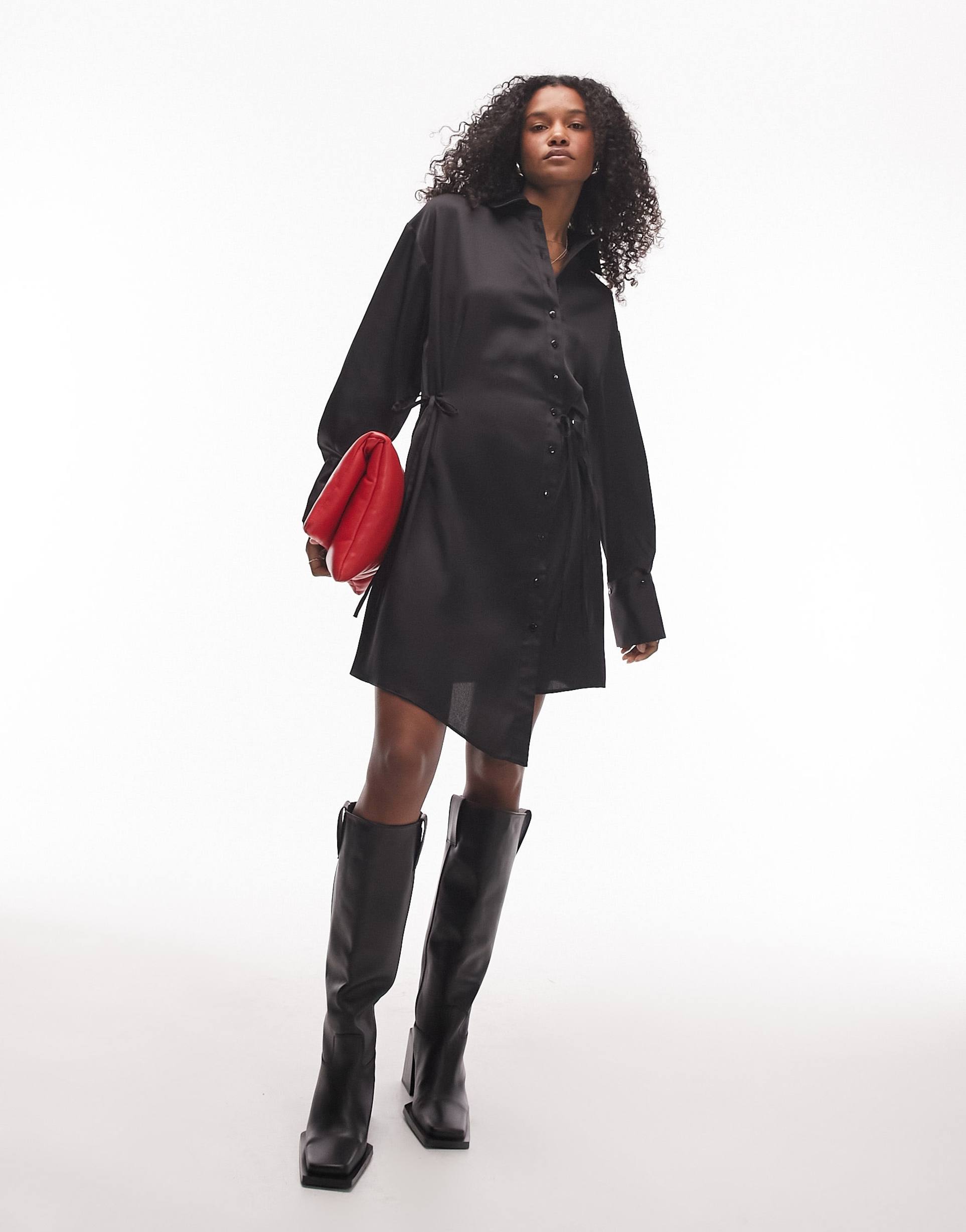 topshop tie side mini shirt dress in black