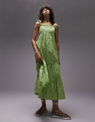 Shop Topshop Tie Strap Broderie Midi Beach Dress In Green
