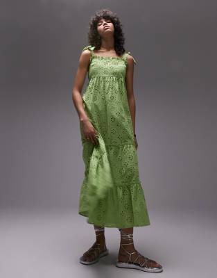 Shop Topshop Tie Strap Broderie Midi Beach Dress In Green