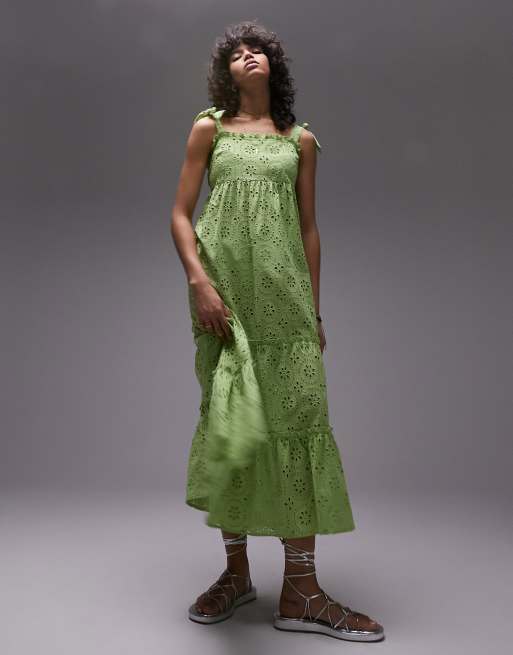 Topshop tie strap broderie midi beach Priest dress in green 