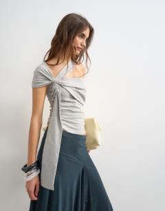 Model wearing Tie strap knot detail tank in grey marl